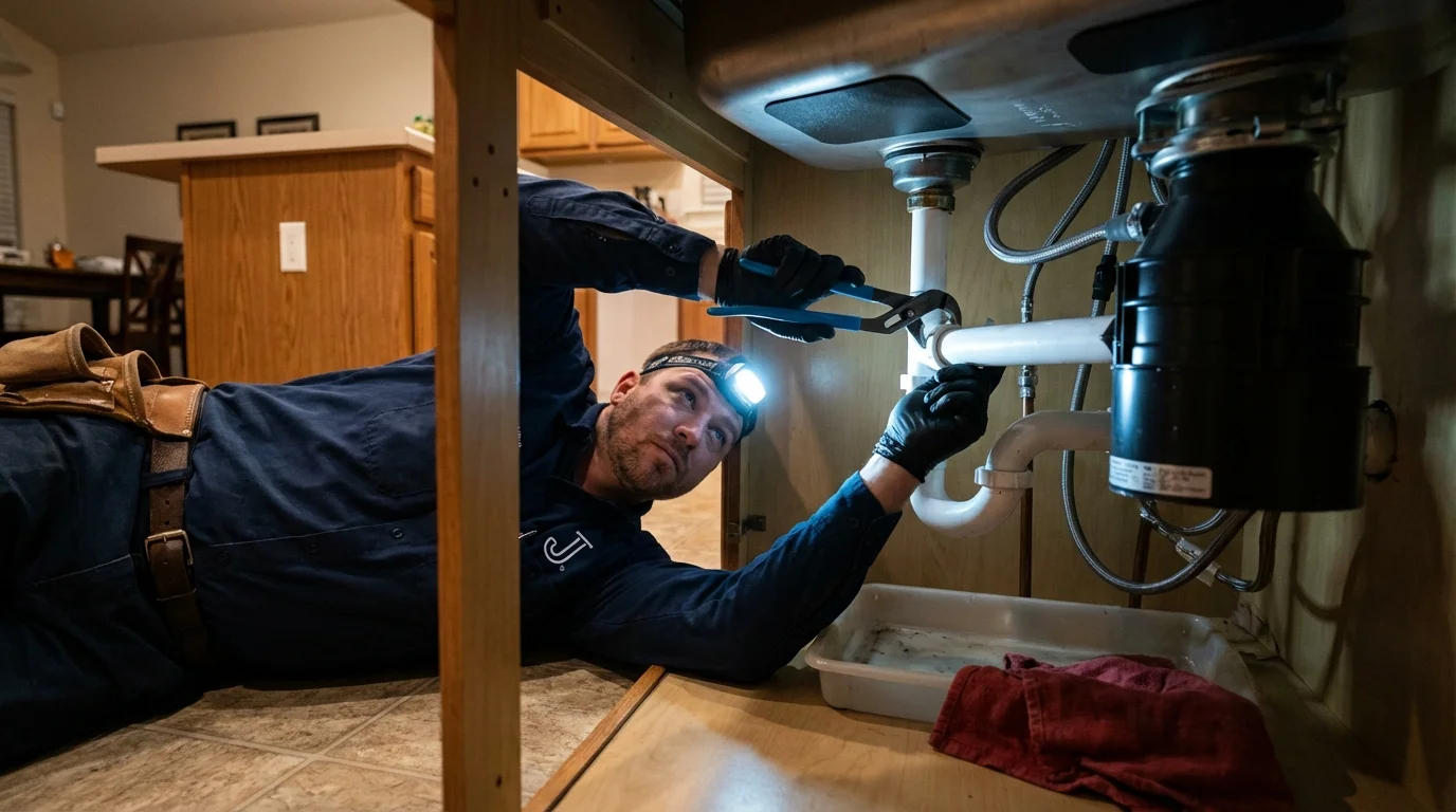P-trap and supply line connections under a kitchen sink showing a common leak point in Irvington, NJ